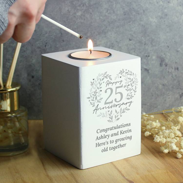 Personalised 25th anniversary tea light holder, imported from the UK