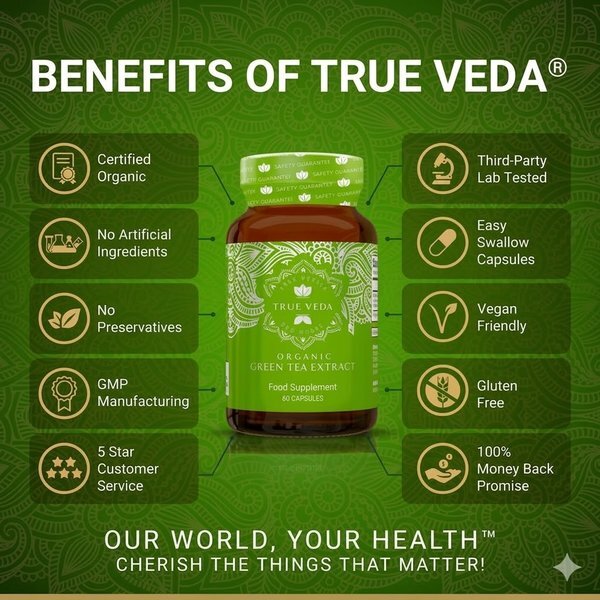 True Veda organic green tea extract 180 capsules, imported from the UK