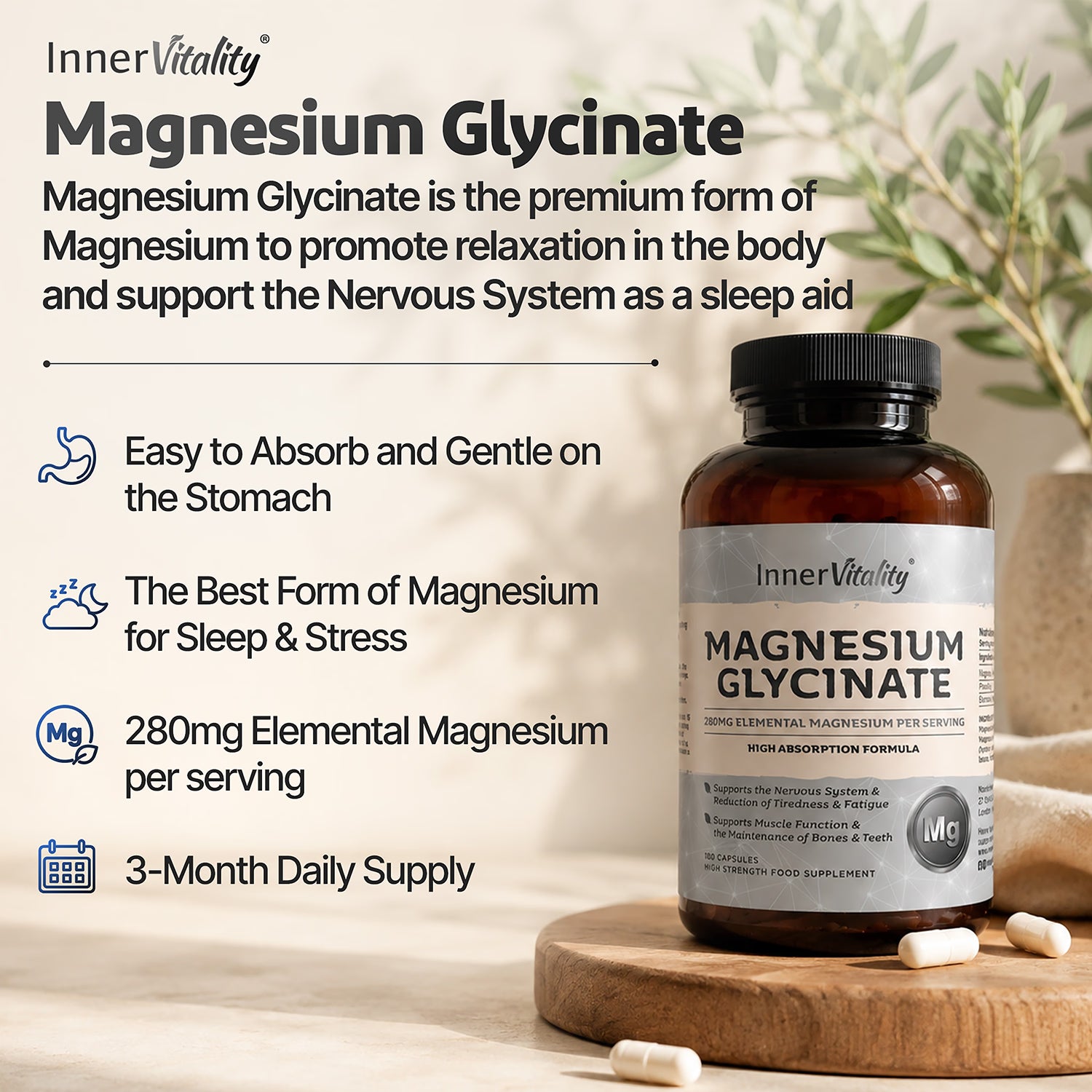 Inner Vitality Magnesium Glycinate capsules 180, imported from the UK