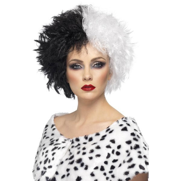 Smiffys evil madame wig black white short curly, imported from the UK