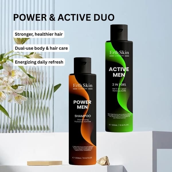 Erth Skin London Power Men Shampoo and Active 2in1 Gel 2x300ml, imported from the UK