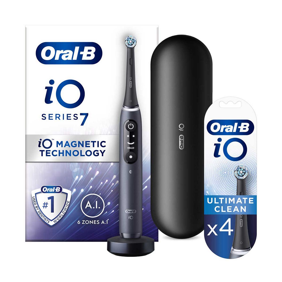 Oral-B iO7 Electric Toothbrush - Black + iO™ Ultimate Clean Black Replacement Electric Toothbrush Heads 4 Pack Bundle GOODS Boots   