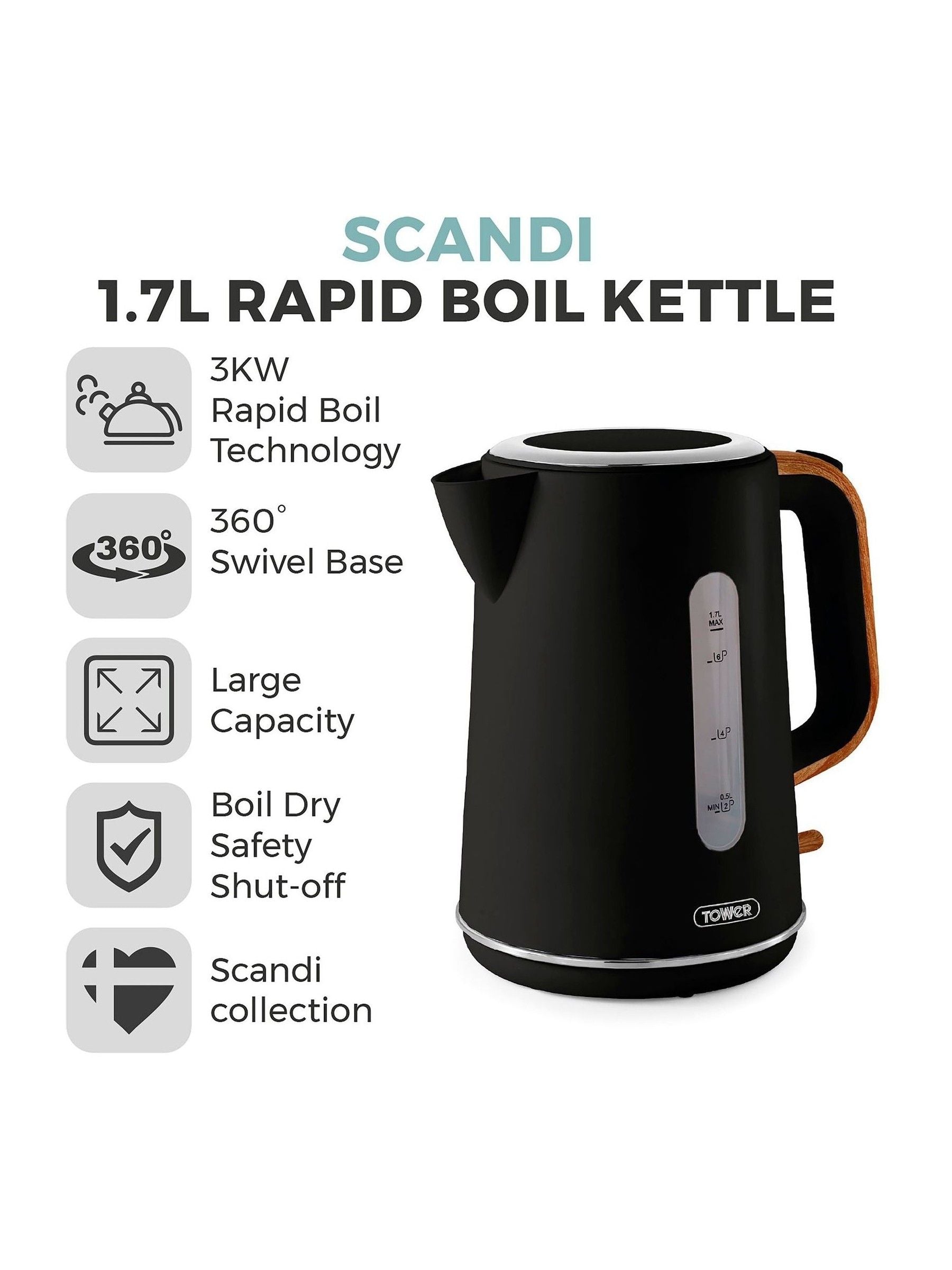 Tower Black Scandi electric kettle 1.7L (British brand)