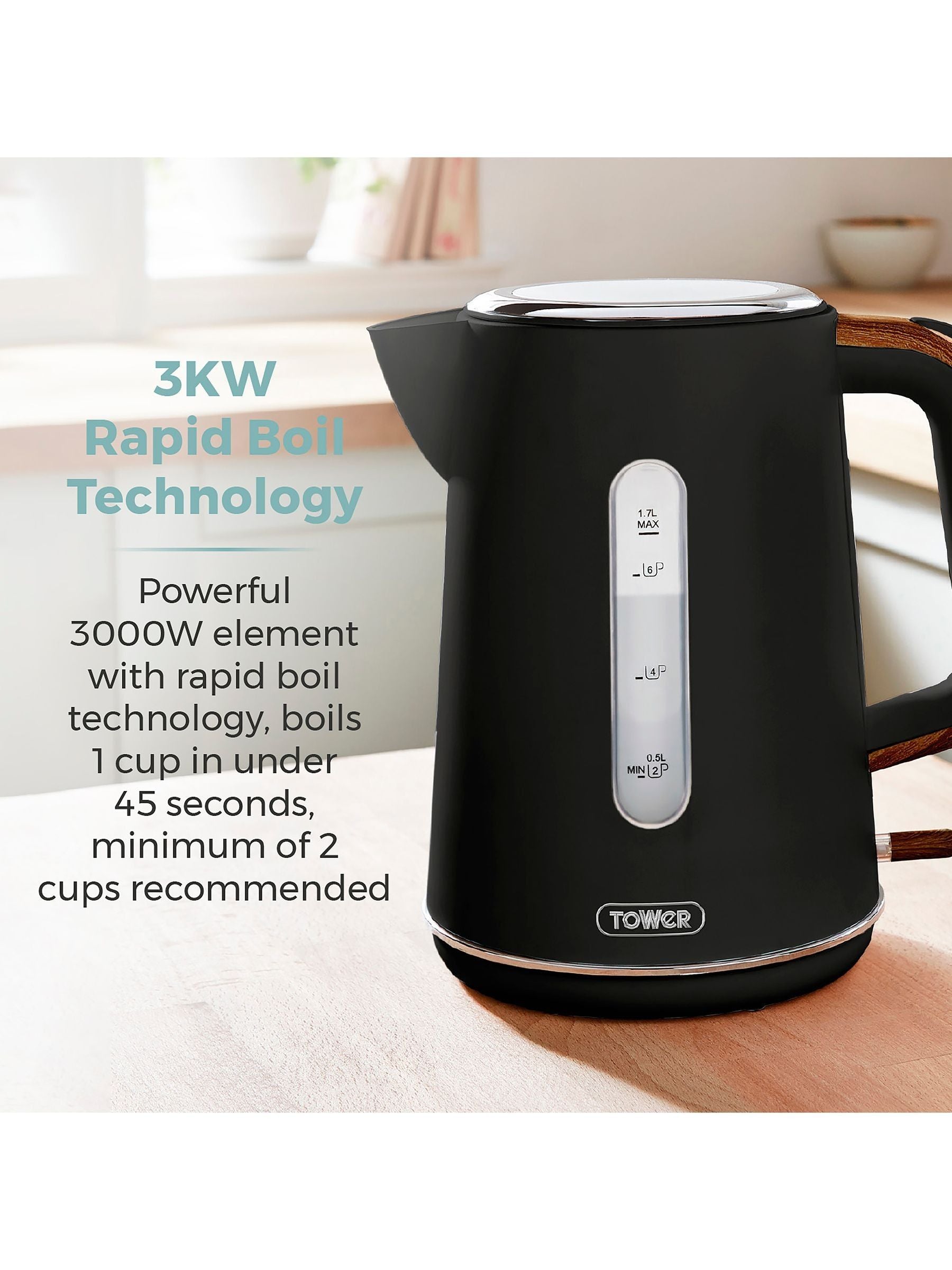 Tower Black Scandi electric kettle 1.7L (British brand)