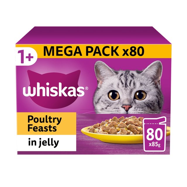 Whiskas 1+ Adult Wet Cat Food Poultry Feasts in Jelly   80 x 85g