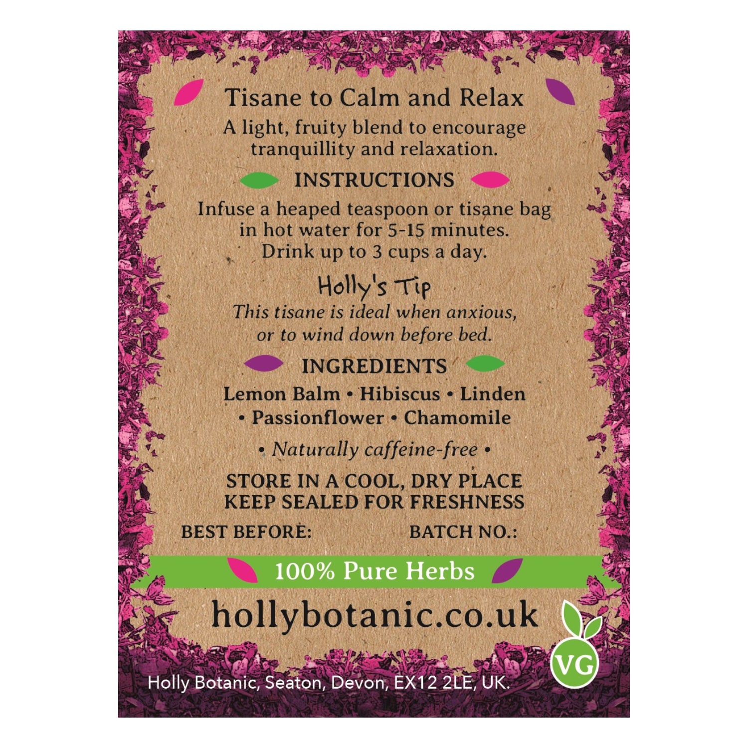 Holly Botanic tisane lemon balm and hibiscus 20 cup - British product