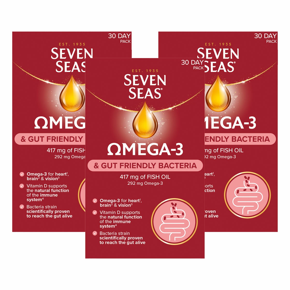 Seven Seas Omega 3 and gut friendly bacteria supplements 3 x 30 count, imported from the UK