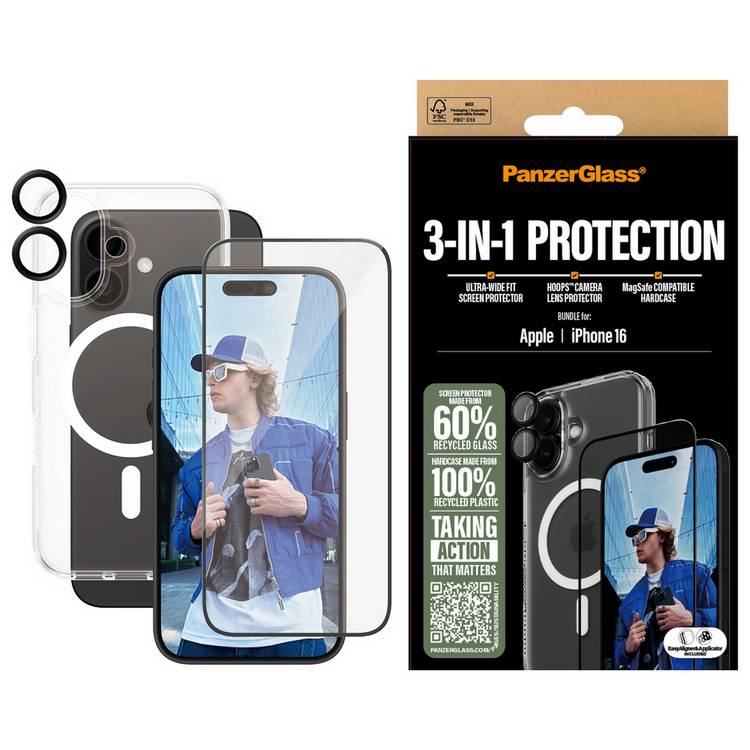 PanzerGlass iPhone 16 3-in-1 protection bundle, imported from the UK