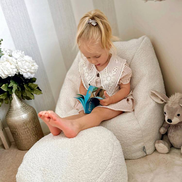 rucomfy Kids Snuggle bean bag chair and footstool in oatmeal, imported from the UK