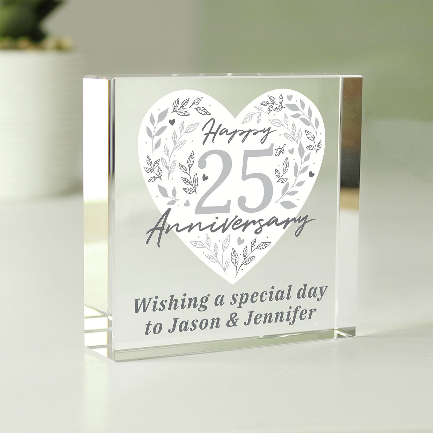 Personalised 25th anniversary glass block 7.5cm, imported from the UK