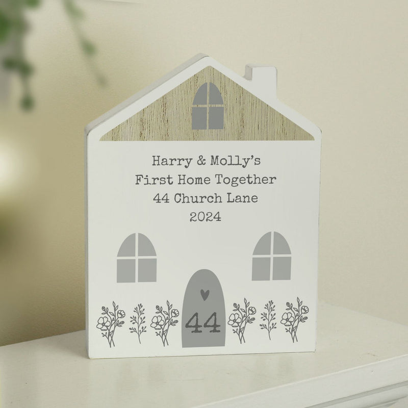 Personalised grey wooden house ornament, 17.5cm tall - British product