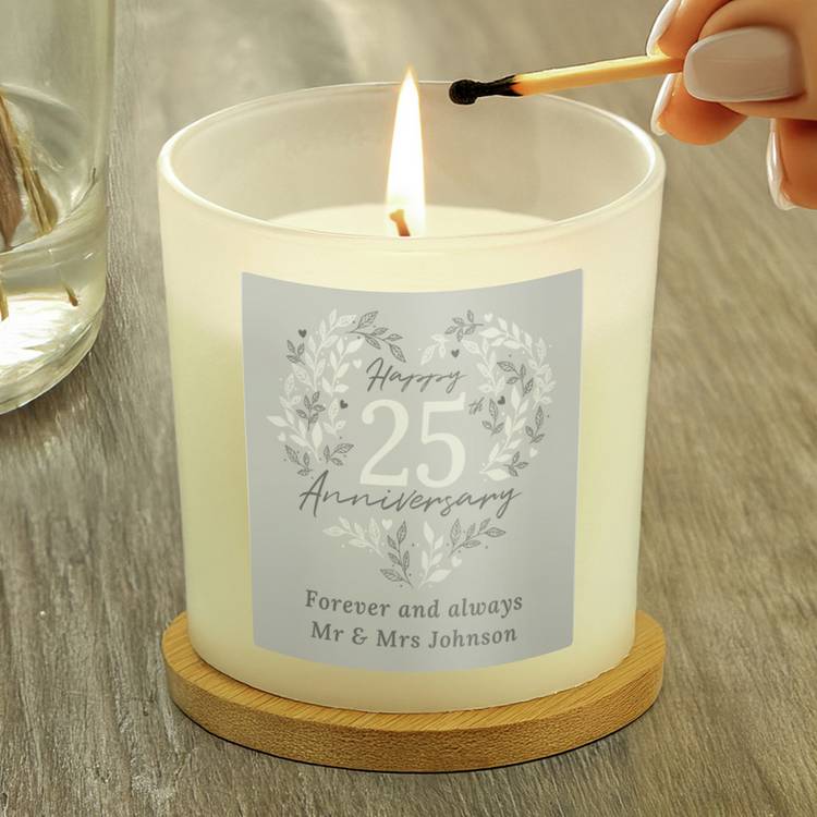 Personalised silver anniversary candle vanilla 7cm - British product