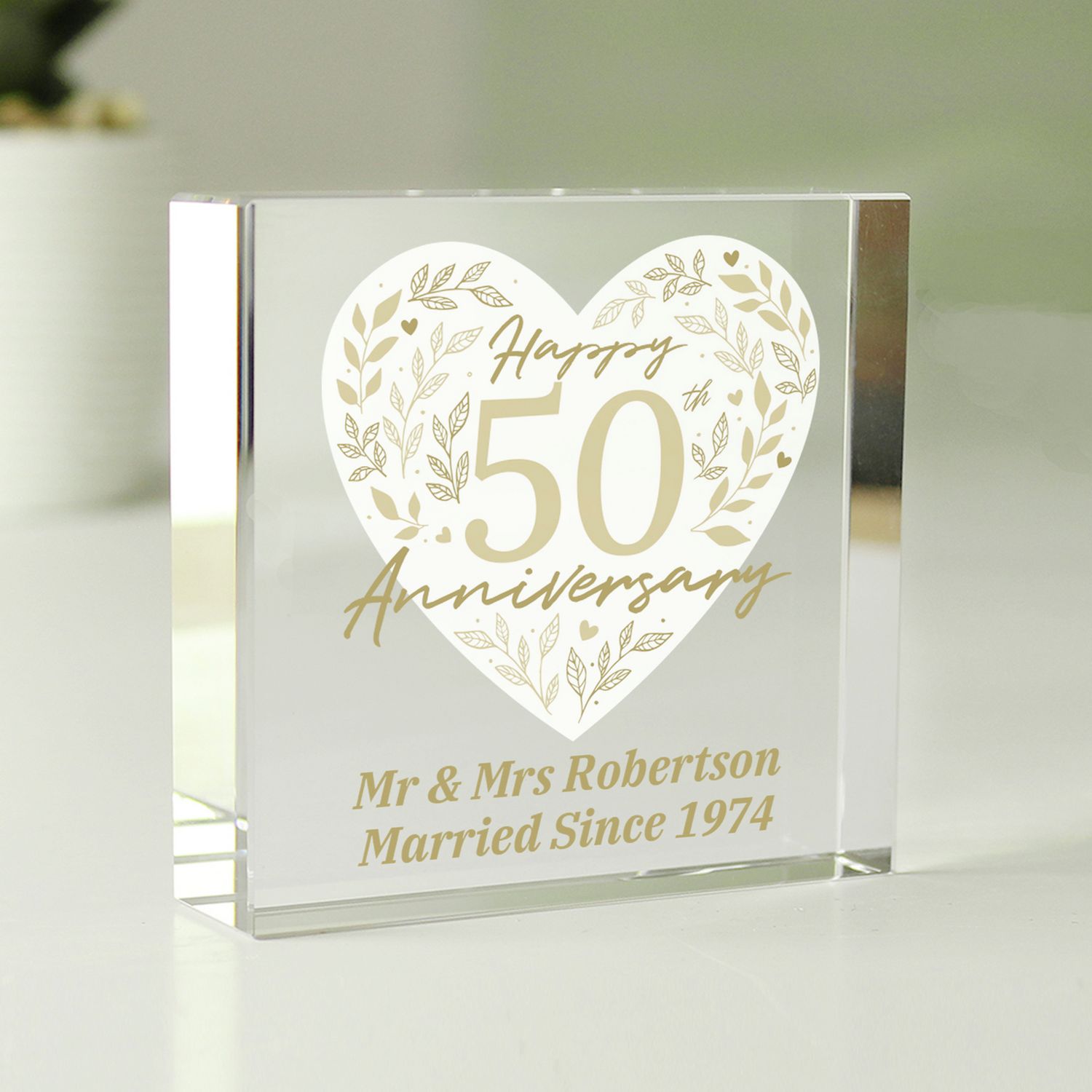 Personalised 50th anniversary glass block gift box, UK version