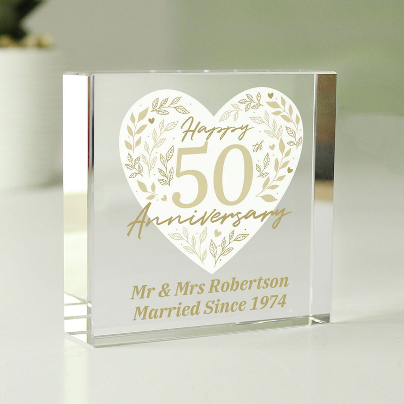 Personalised 50th anniversary glass block gift box, UK version