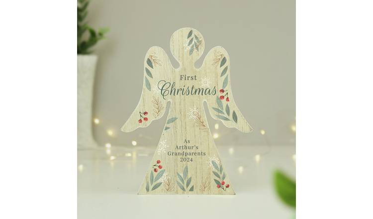 Personalised Message Foliage Wooden Angel Christmas Ornament