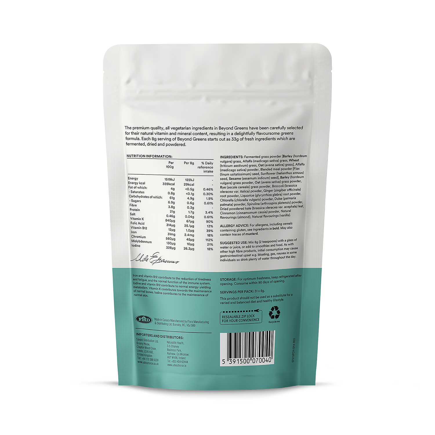 Udo's Choice Beyond Greens organic greens powder 125g, imported from the UK