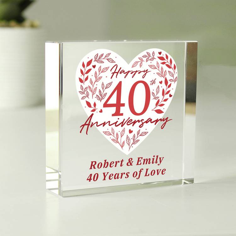 Personalised 40th anniversary glass block, imported from the UK