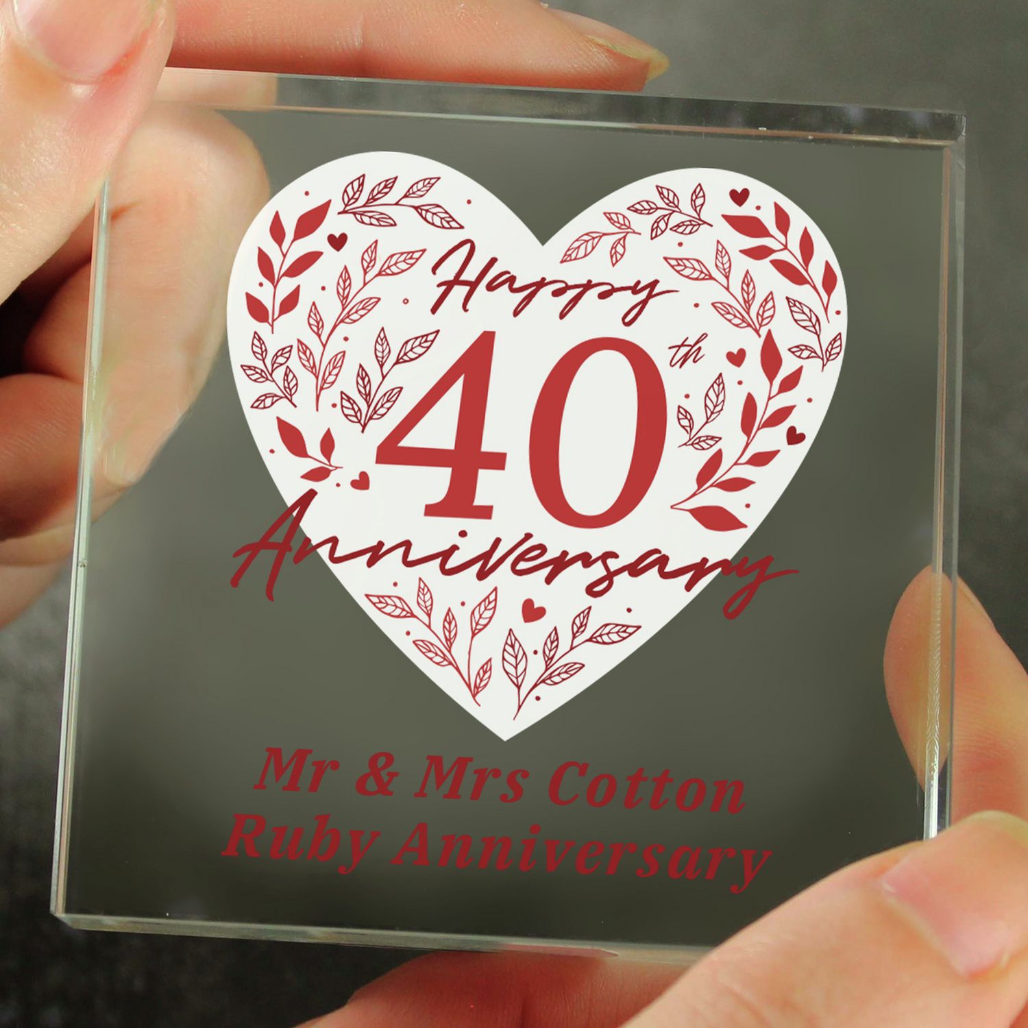 Personalised 40th anniversary glass block, imported from the UK