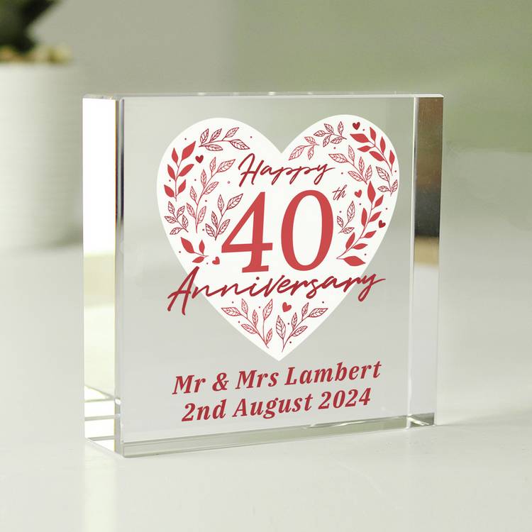 Personalised 40th anniversary glass block, imported from the UK