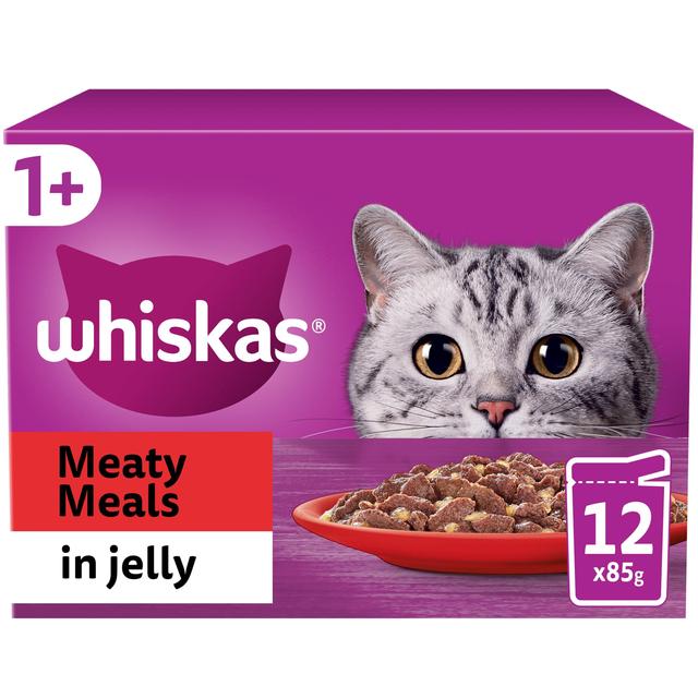 Whiskas 1+ Adult Wet Cat Food Pouches Meaty Meals in Jelly   12 x 85g