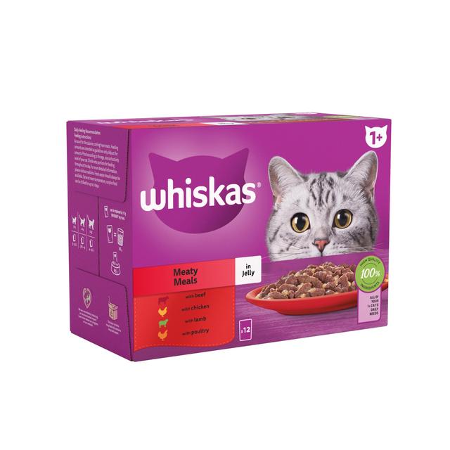 Whiskas 1+ Adult Wet Cat Food Pouches Meaty Meals in Jelly   12 x 85g