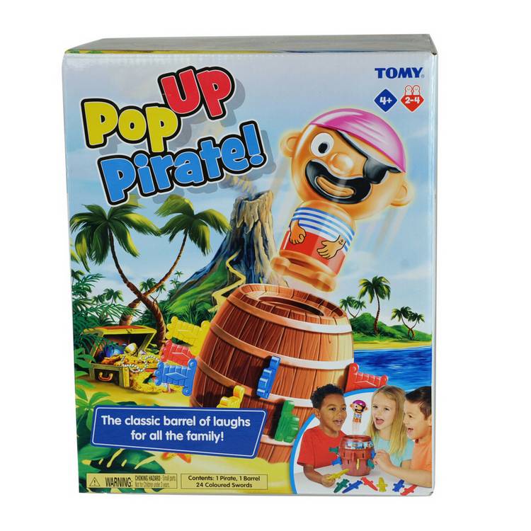 Pop Up Pirate children's game with barrel and swords - British product