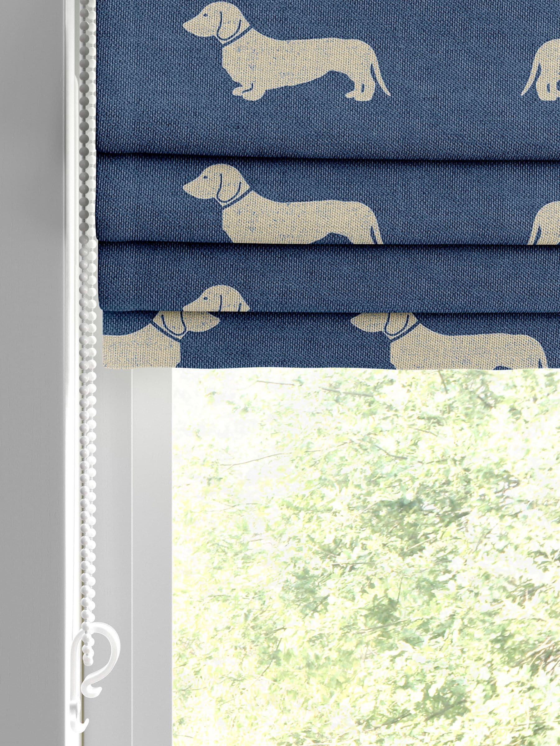 Emily Bond Indigo Blue dachshund Roman blind, UK version