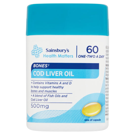Sainsbury's Bones Cod Liver Oil with Vitamins A & D 1-2 a Day Capsules x60 bone & joint care Sainsburys   