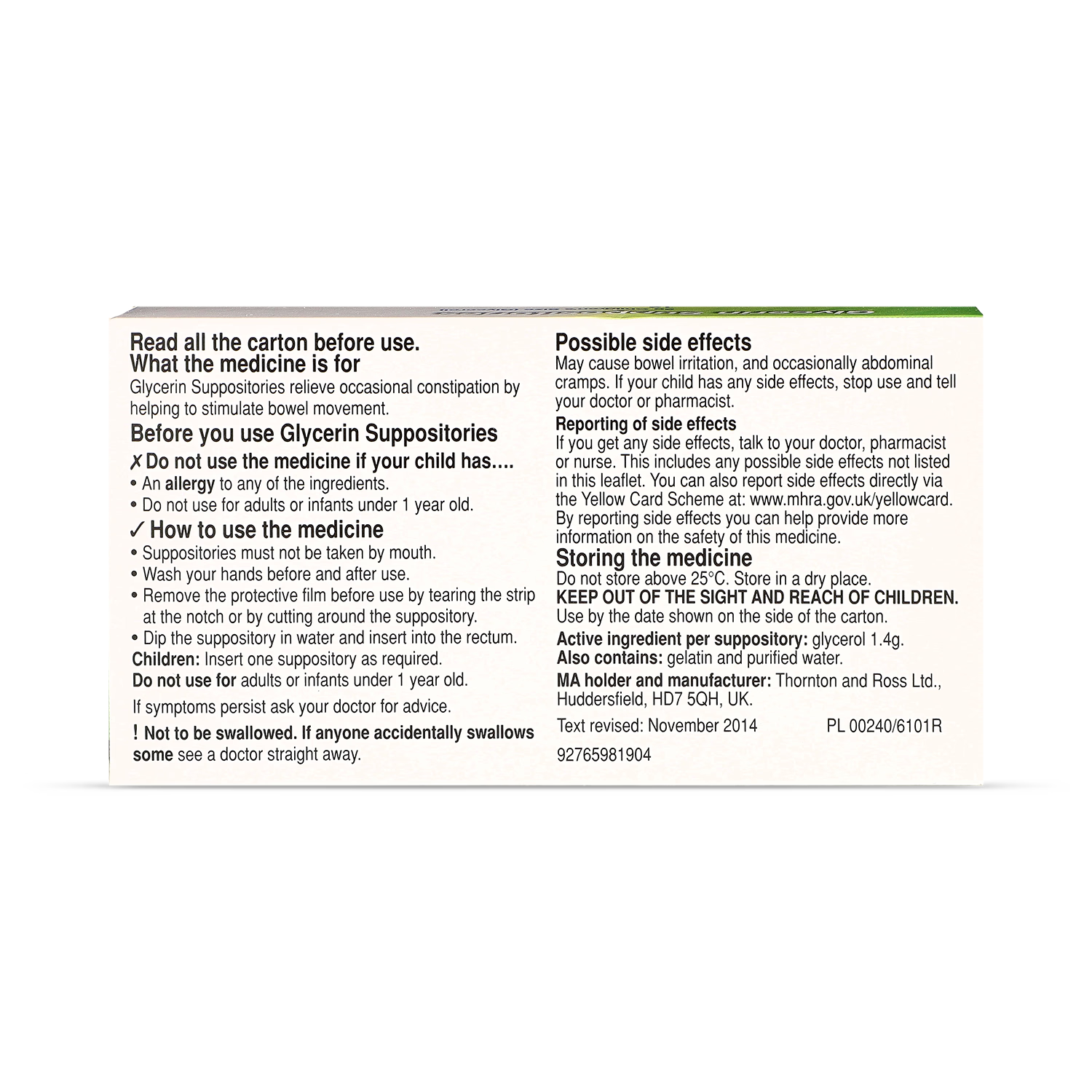 Care glycerin suppositories children's 2g 12 count, UK version