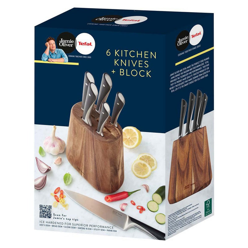 Tefal Jamie Oliver 6-piece knife set acacia wood block, imported from the UK