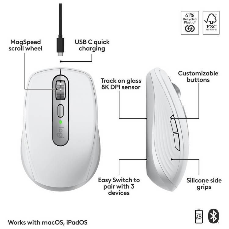 Logitech MX Anywhere 3S Mac wireless mouse pale grey, UK version
