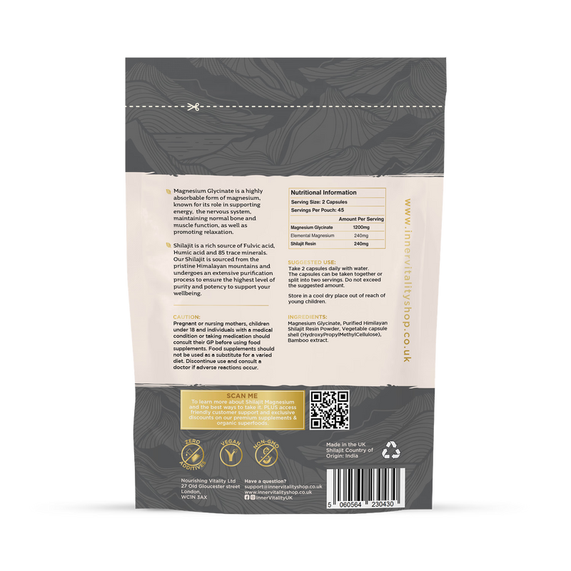 Inner Vitality Magnesium Glycinate and Himalayan Shilajit capsules 90 count (British brand)