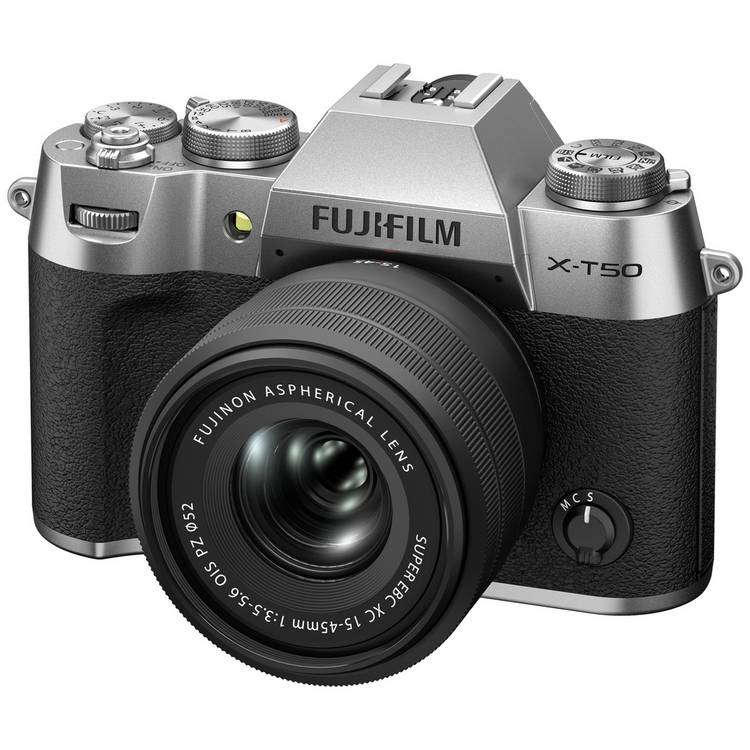 Fujifilm XT50 silver mirrorless camera with XC15-45mm lens (British brand)
