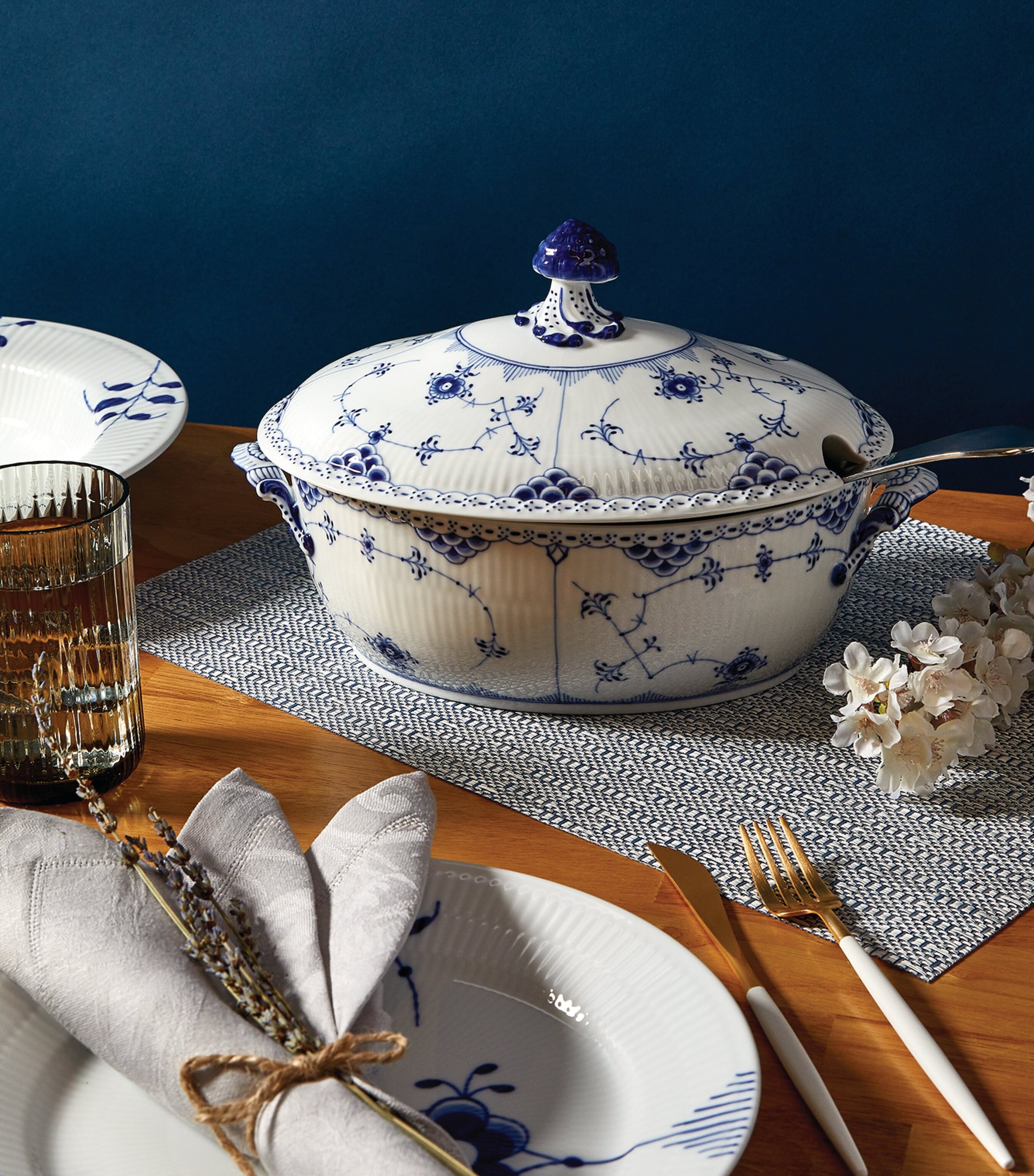 Royal Copenhagen blue fluted half lace porcelain tureen, imported from the UK