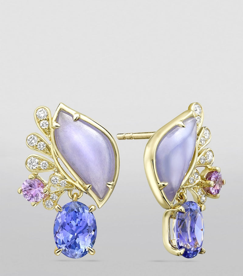 Boodles diamond earrings with tanzanite jade sapphire in yellow gold (British brand)