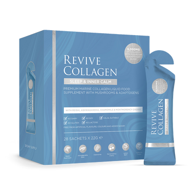 Holland & Barrett Revive Collagen Sleep & Inner Calm Functional Mushroom & Adaptogen Blend with 6,000mg Type 1 Hydrolysed Marine Collagen 28 x 22g Sachets- Buy online at McGrocer