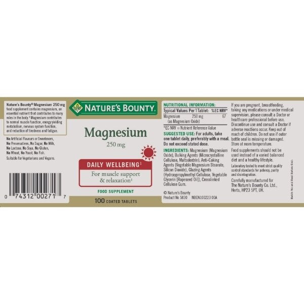 Nature's Bounty Magnesium 250 mg Tablets - Pack of 100 GOODS Superdrug   