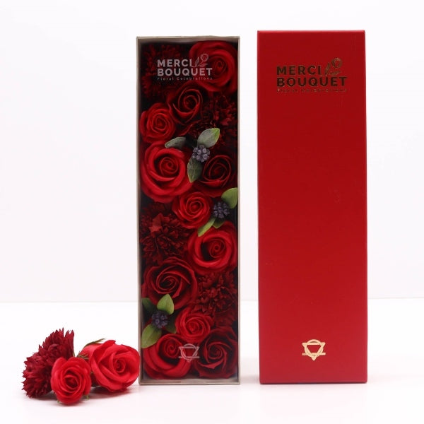 Merci Boutique red rose soap bouquet in long box, imported from the UK