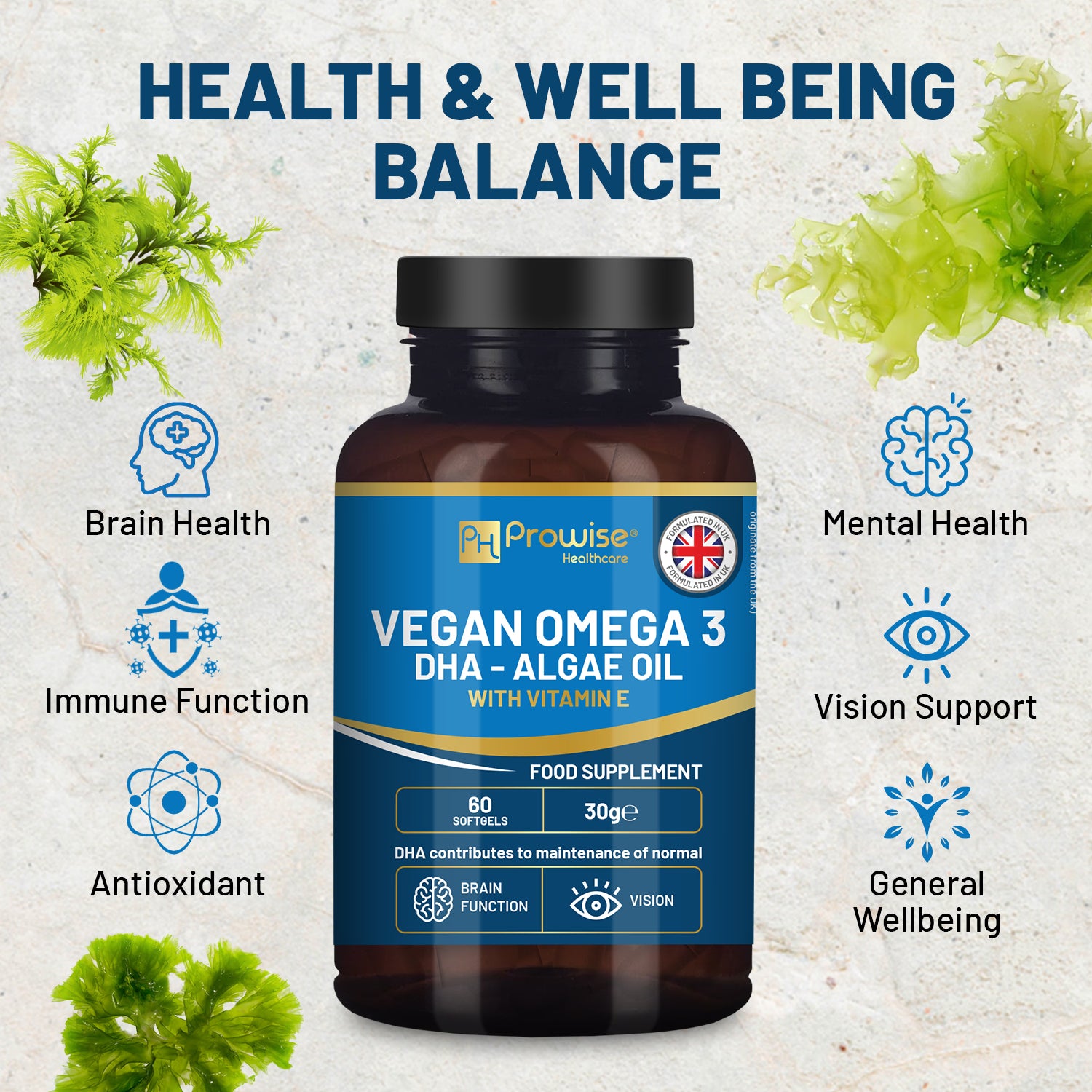 Prowise vegan omega-3 DHA 60 softgels, imported from the UK