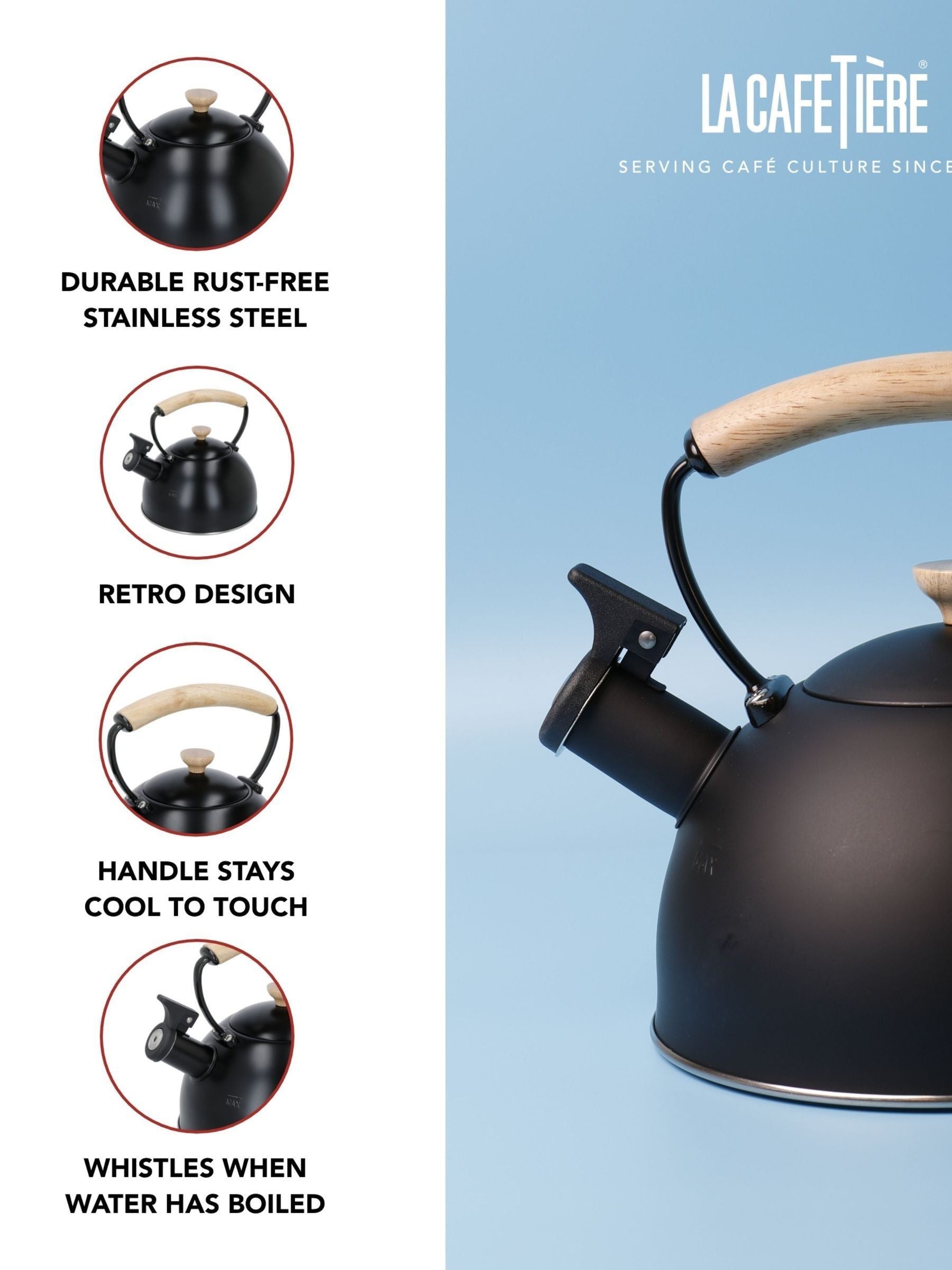 La Cafetiere black whistling kettle 1.6L, UK version