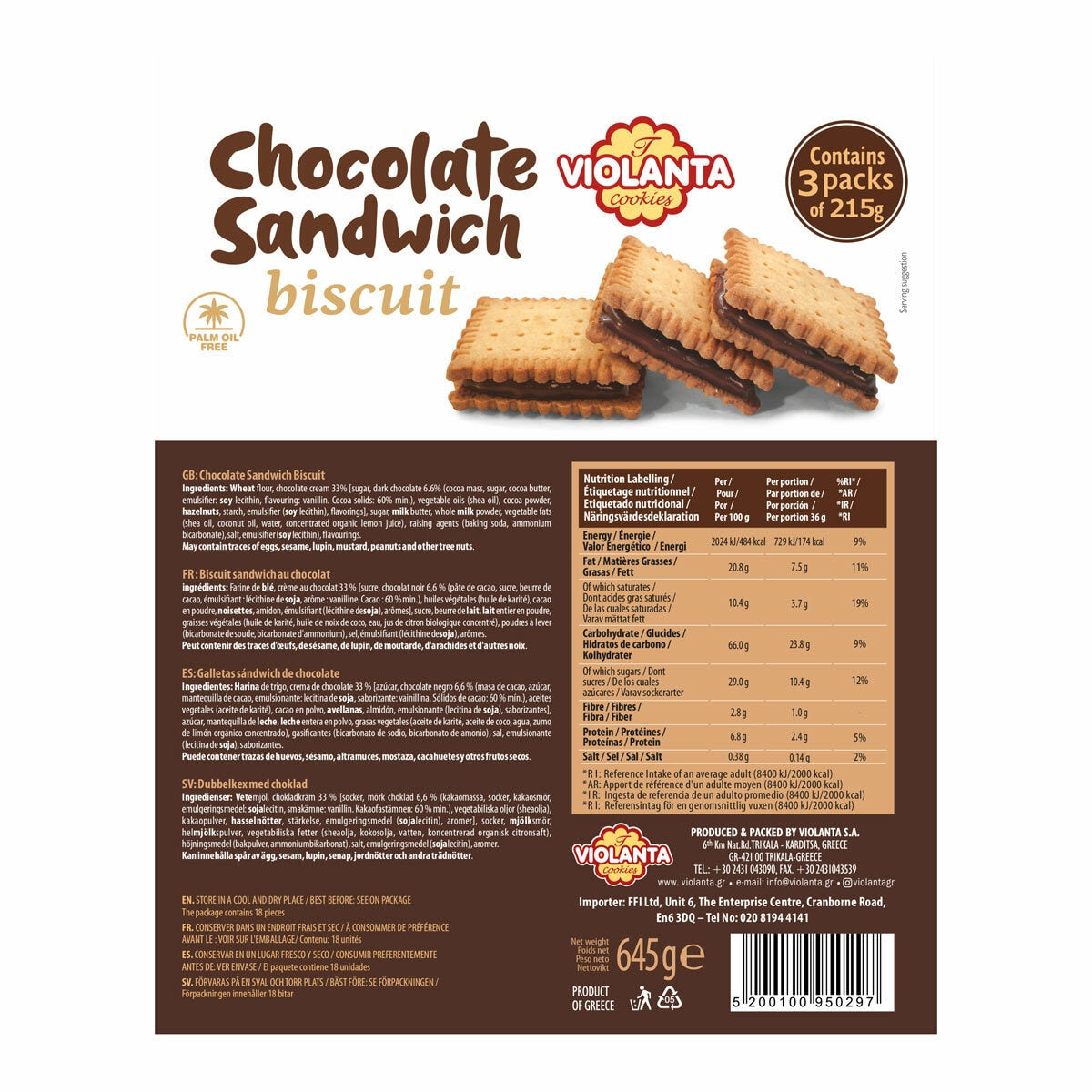 Violanta Chocolate Sandwich Biscuits 645g (European brand)