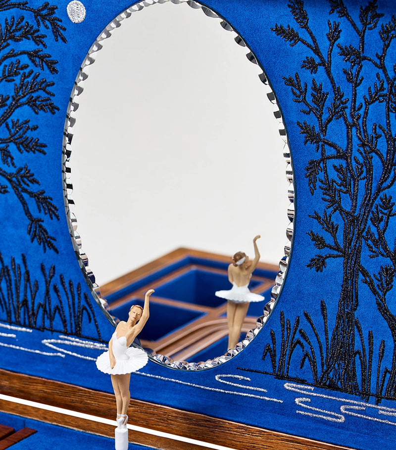 WOLF ballet musical jewellery box with Swan Lake music and embroidered theatre design (British brand)