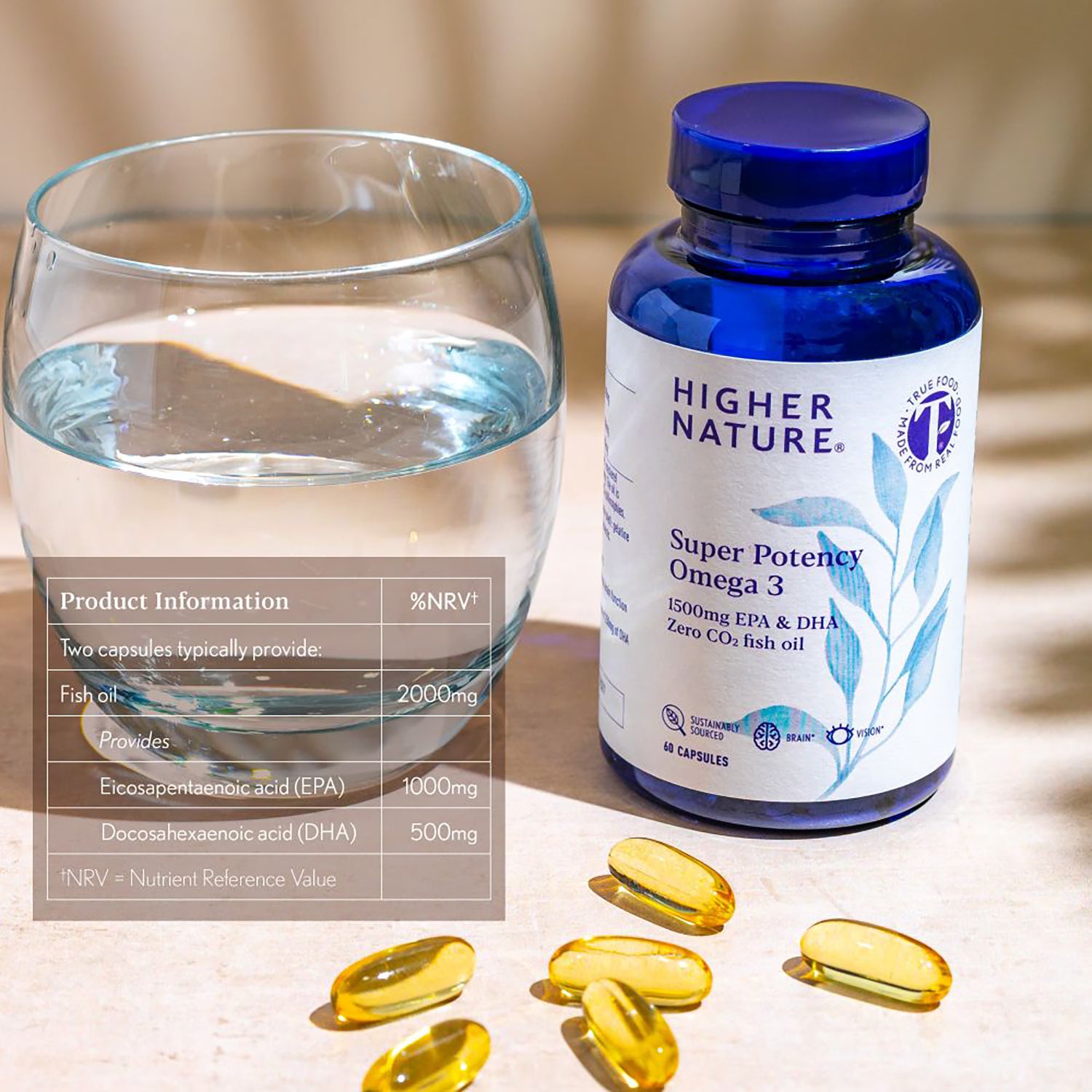 Higher Nature Omega 3 fish oil capsules Super Potency 1500mg 60 count, UK version