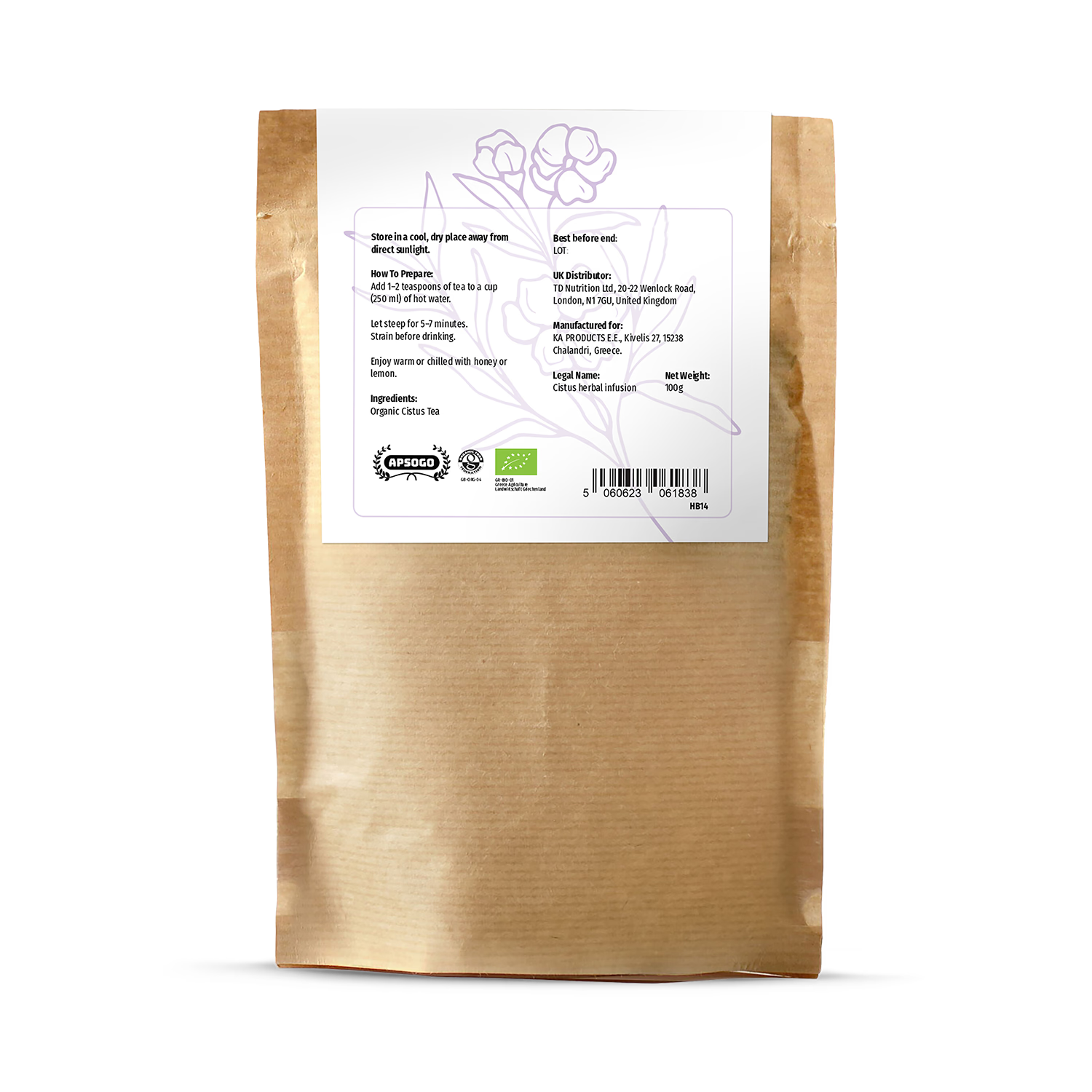 APSOGO organic cistus tea loose leaf 100g, imported from the UK