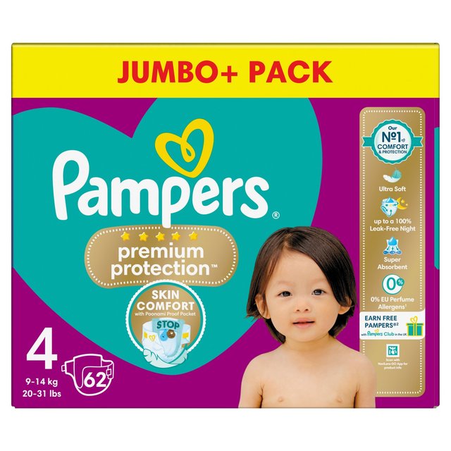 Pampers Premium Protection Nappies Size 4 (9-14kg) Jumbo+ Pack   62 per pack