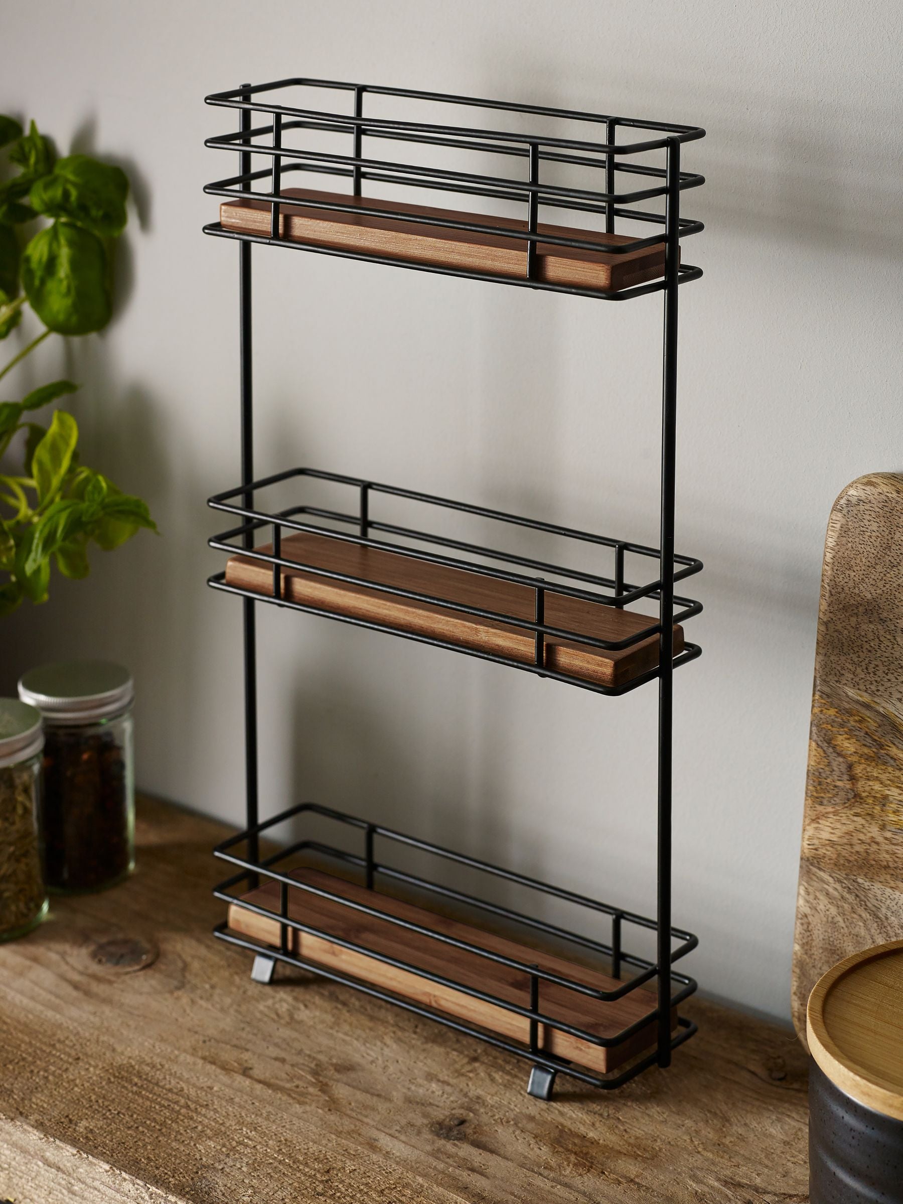 Black wire spice rack with wooden shelf 3-tier - British product