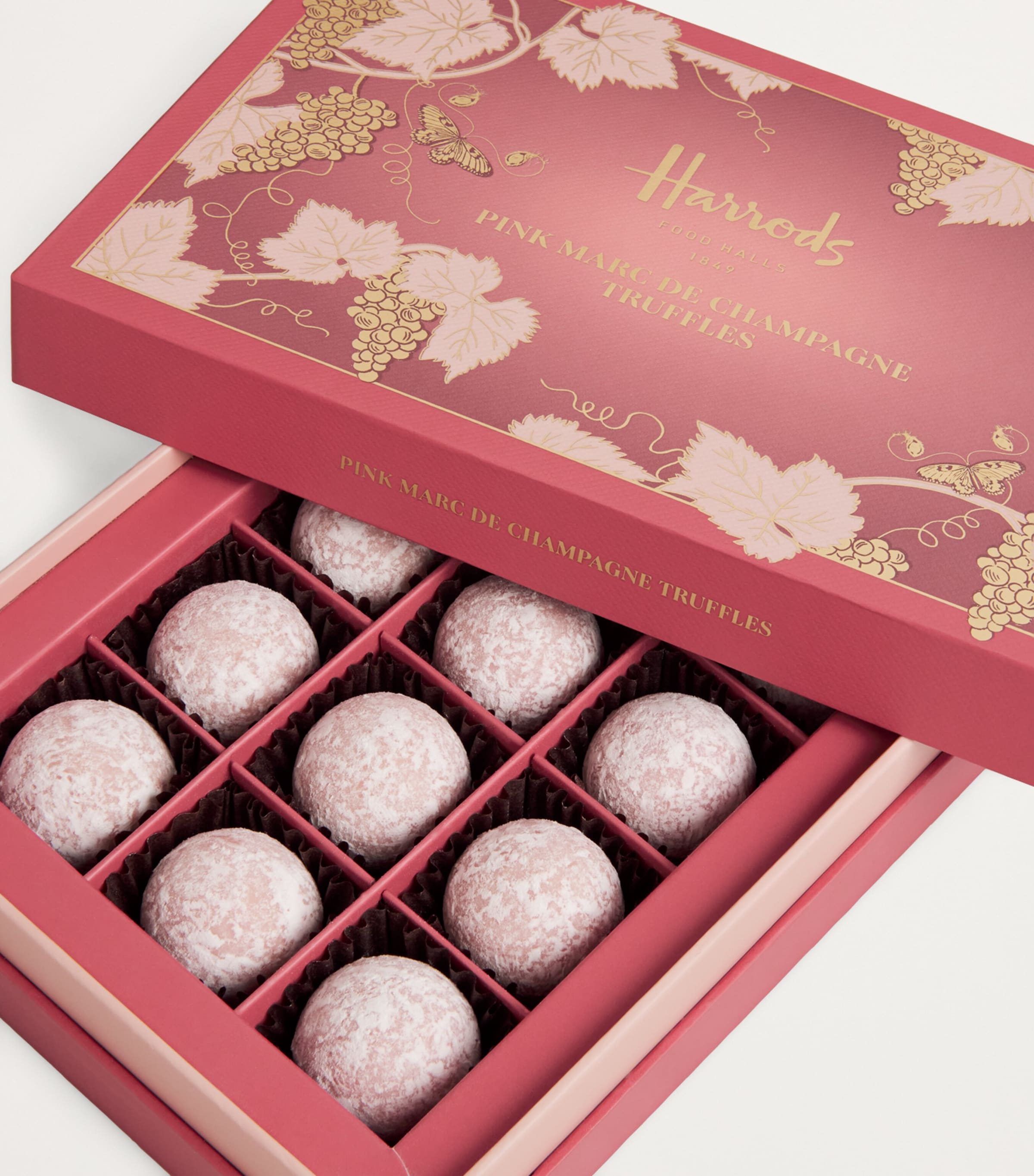 Harrods Pink Marc de Champagne chocolate truffles 175g, UK version