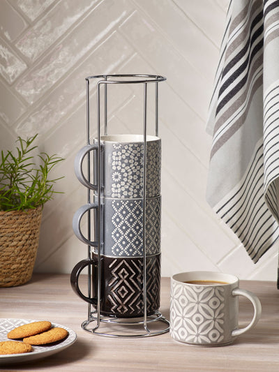 Grey Geo Embossed Stacking Mug Set of 4 Stoneware Mugs