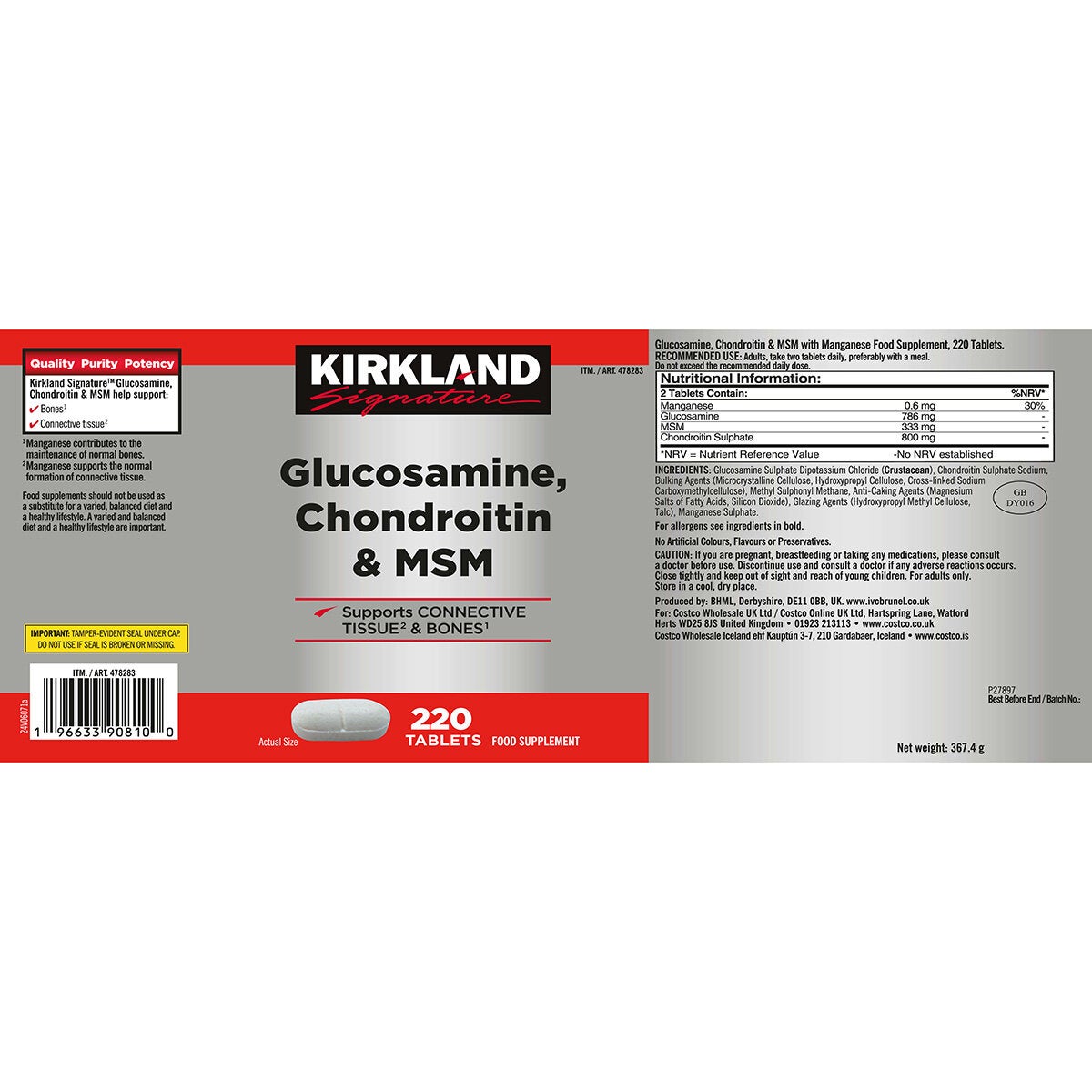 Kirkland Signature glucosamine chondroitin MSM supplement 220 count, UK version