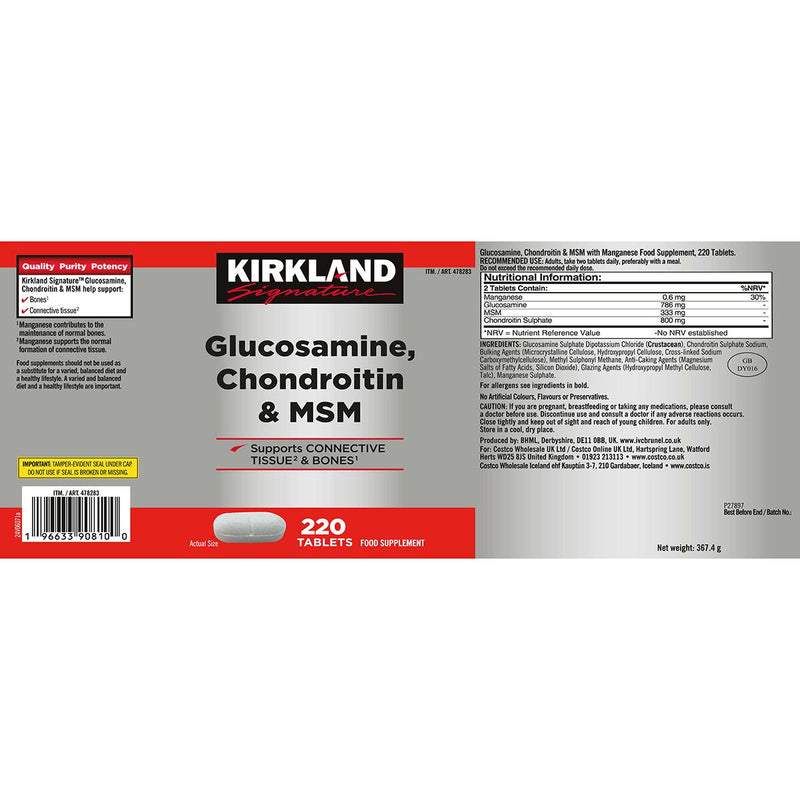 Kirkland Signature glucosamine chondroitin MSM supplement 220 count, UK version
